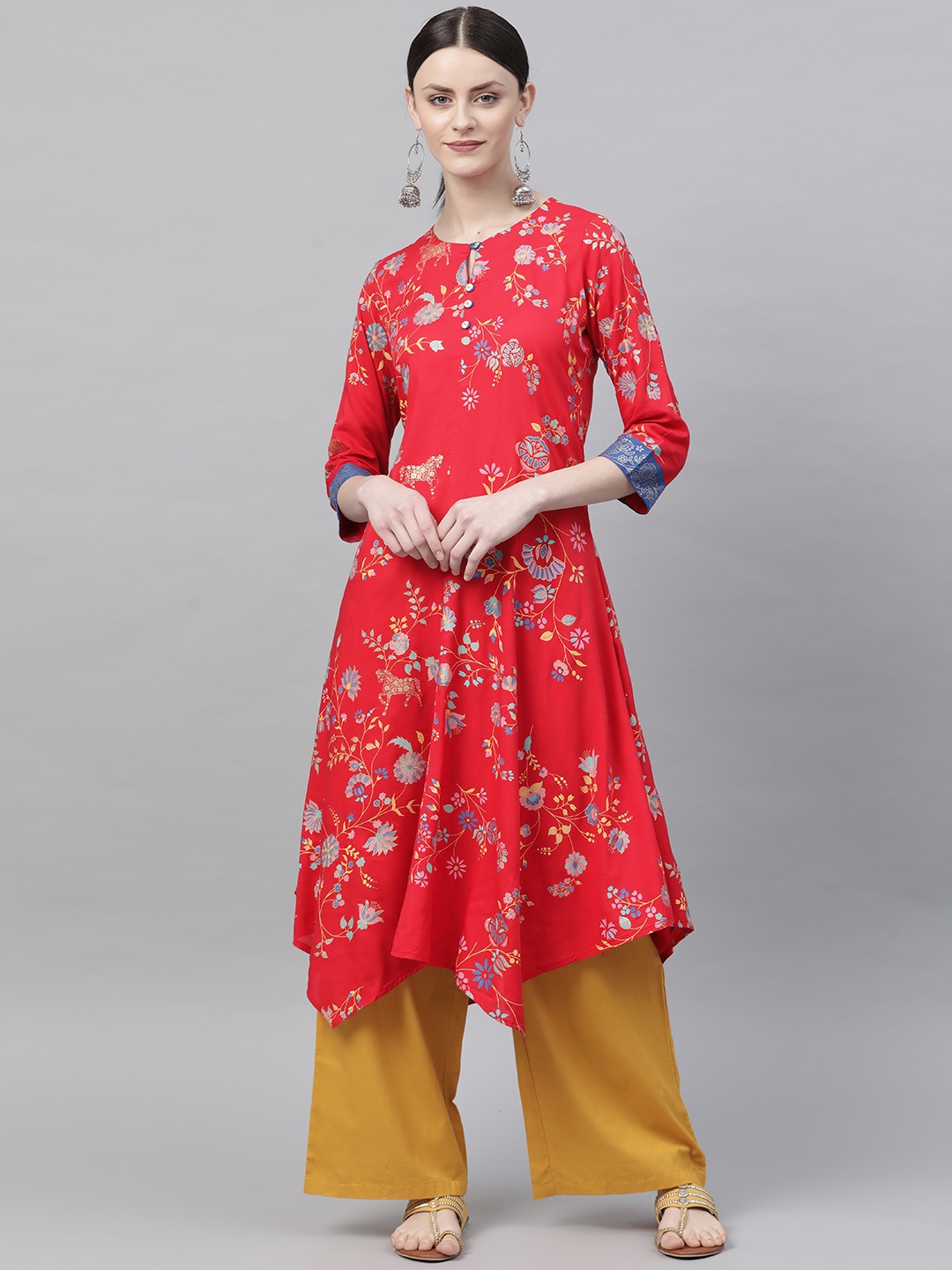 

Rangriti Women Red & Pink Printed Asymmetric Hemline A-Line Kurta