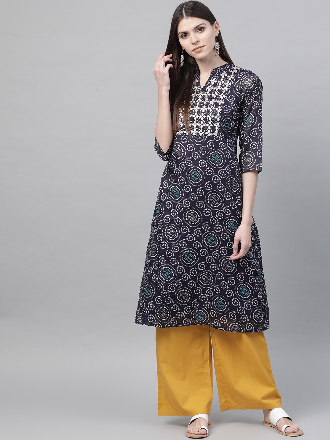 

Rangriti Women Navy Blue & White Bandhani Print A-Line Kurta