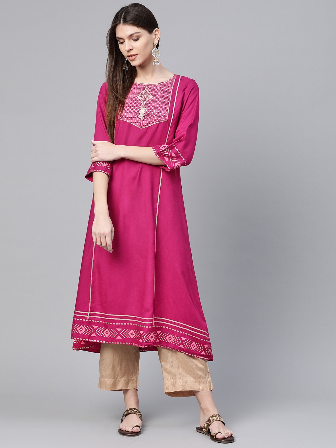 

Rangriti Women Magenta & Golden Yoke Design A-Line Kurta