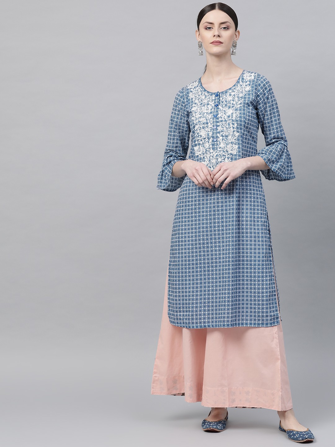 

Rangriti Women White & Blue Printed Straight Kurta