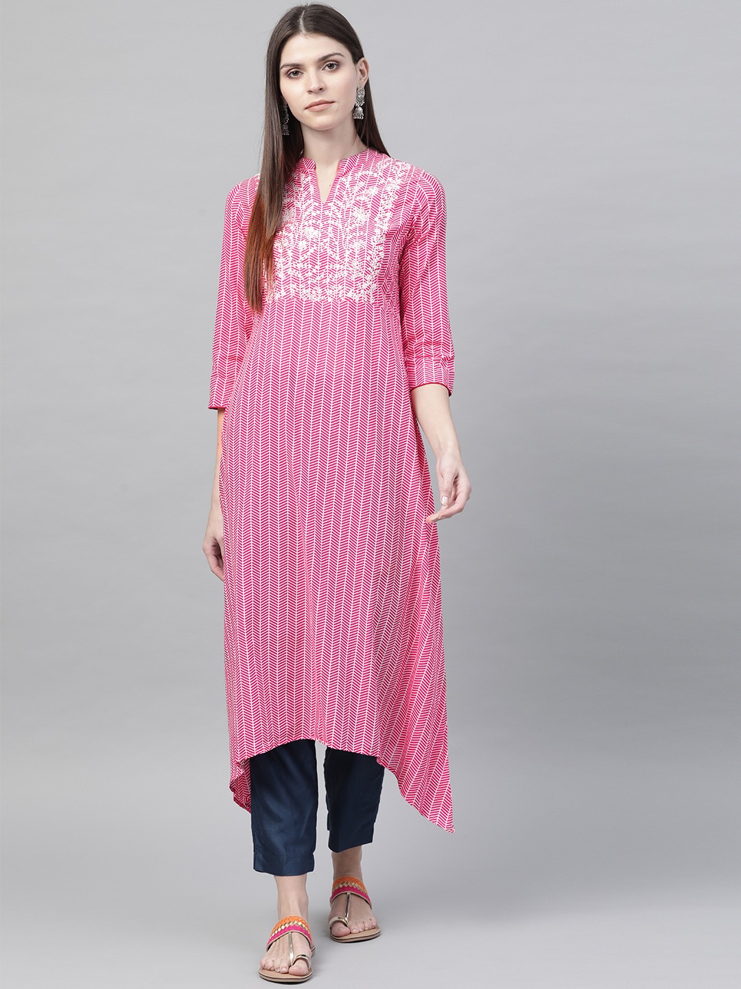 

Rangriti Women Pink & White Printed Asymmetric A-Line Kurta