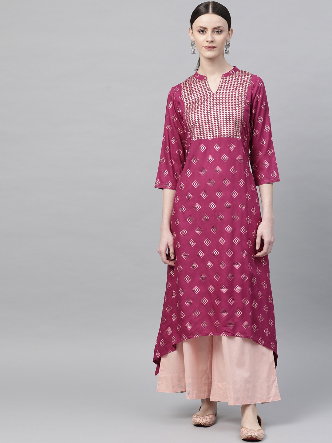 

Rangriti Women Magenta & Golden Printed Asymmetric Hemline A-Line Kurta