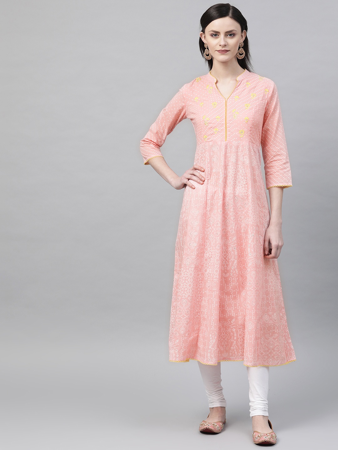 

Rangriti Women Peach-Coloured & White Printed A-Line Kurta