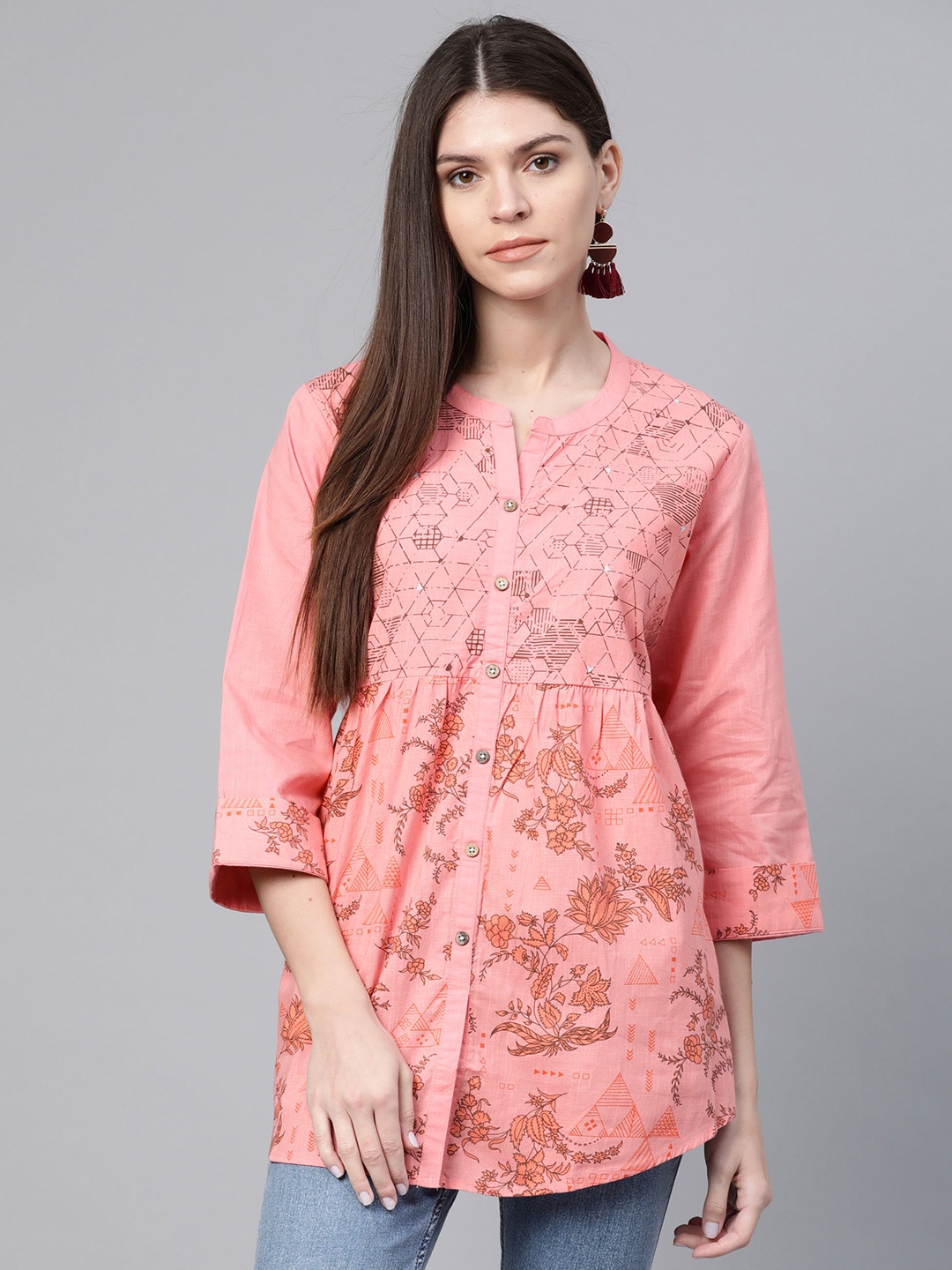 

Rangriti Women Peach-Coloured & Coral Orange Floral Printed Longline Shirt Styled Top