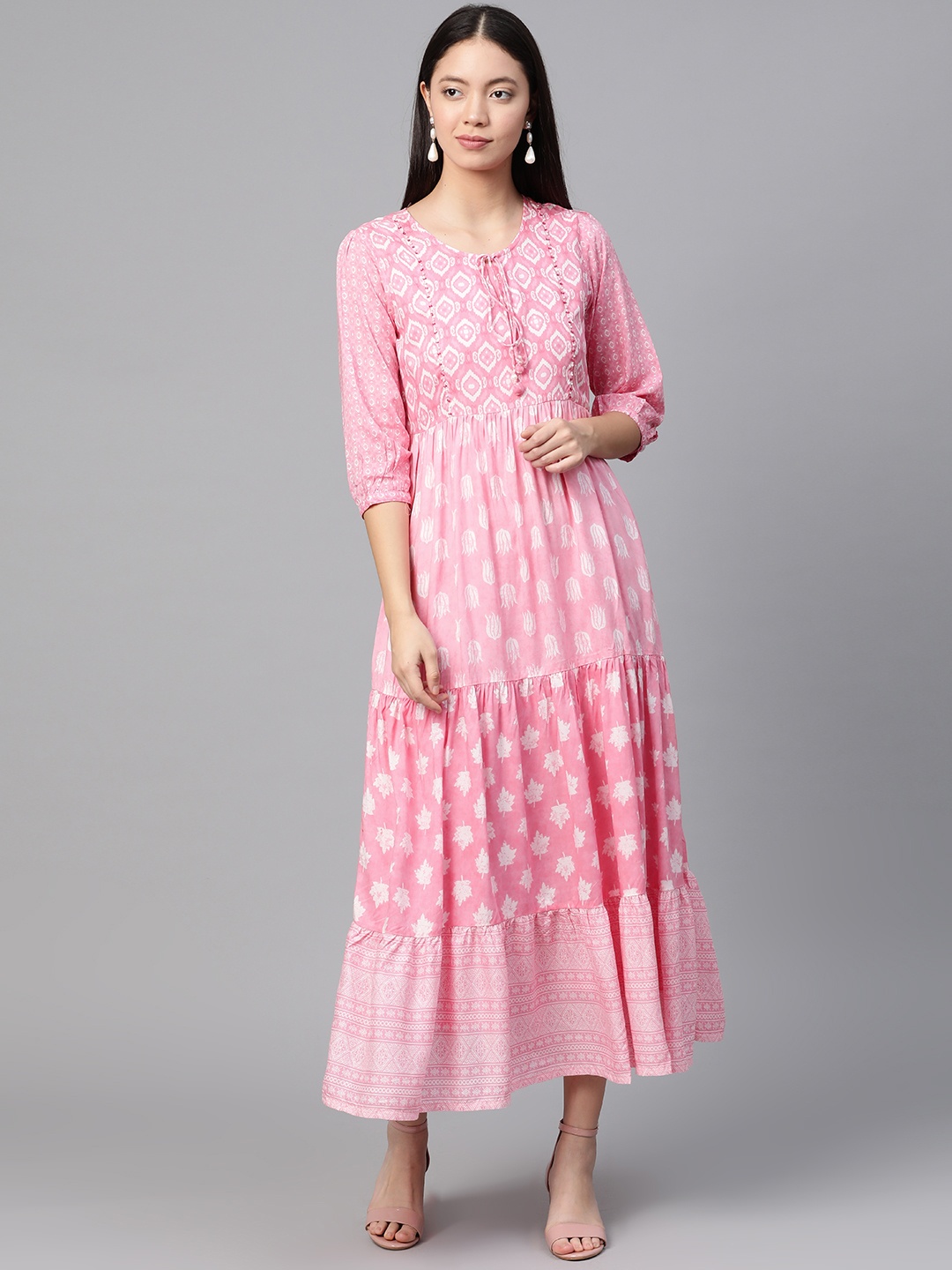 

Rangriti Women Pink & White Printed Tiered Maxi Dress