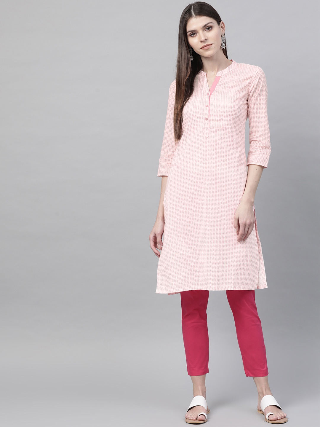 

Rangriti Women White & Coral Pink Printed Straight Kurta