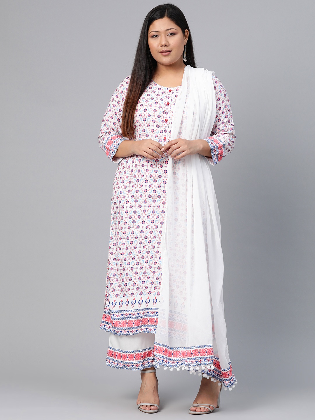 

Rangriti Women White and Pink Printed Kurta with Palazzos and Dupatta