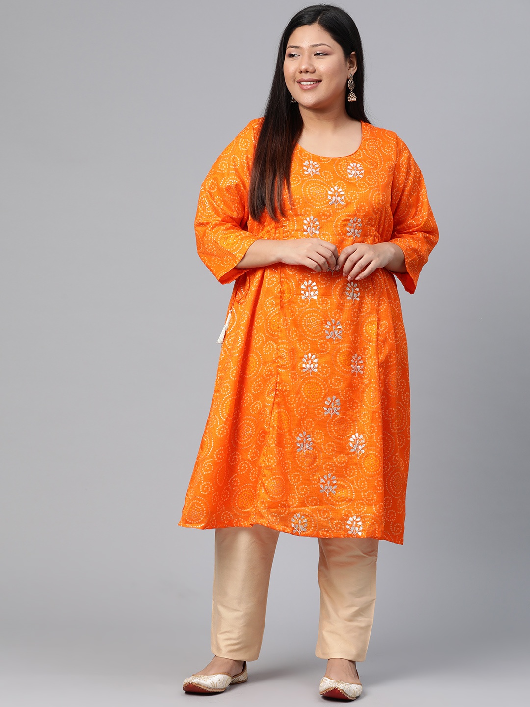 

Rangriti Women Orange & Off-White Bandhani Print A-Line Kurta