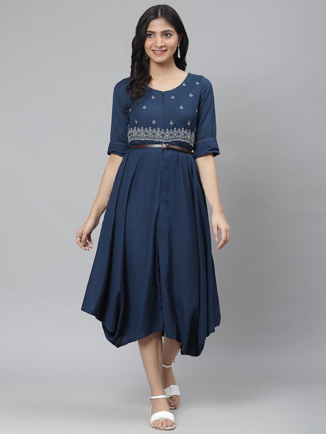 

Rangriti Women Teal Blue & White Embroidered A-Line Dress