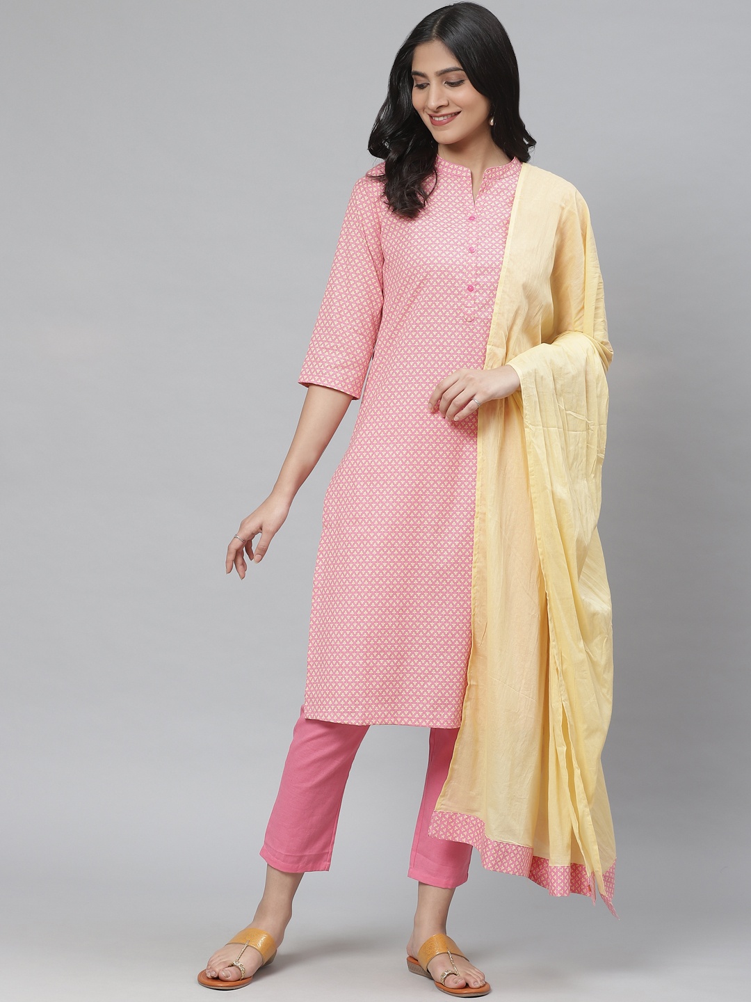 

Rangriti Women Pink & Yellow Printed Kurta with Trousers & Dupatta