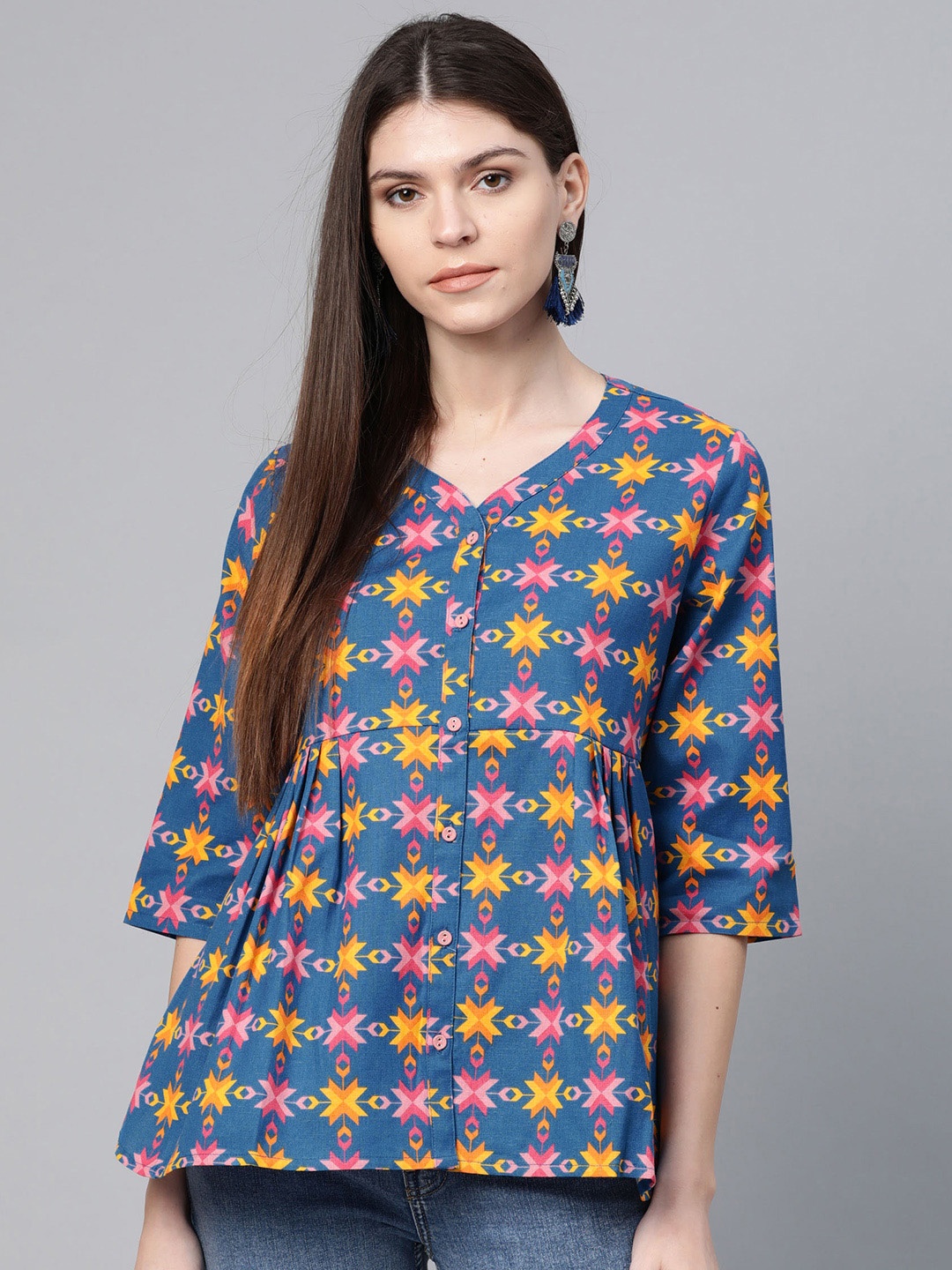 

Rangriti Women Blue & Mustard Yellow Geometric Print A-Line Top with Pleats