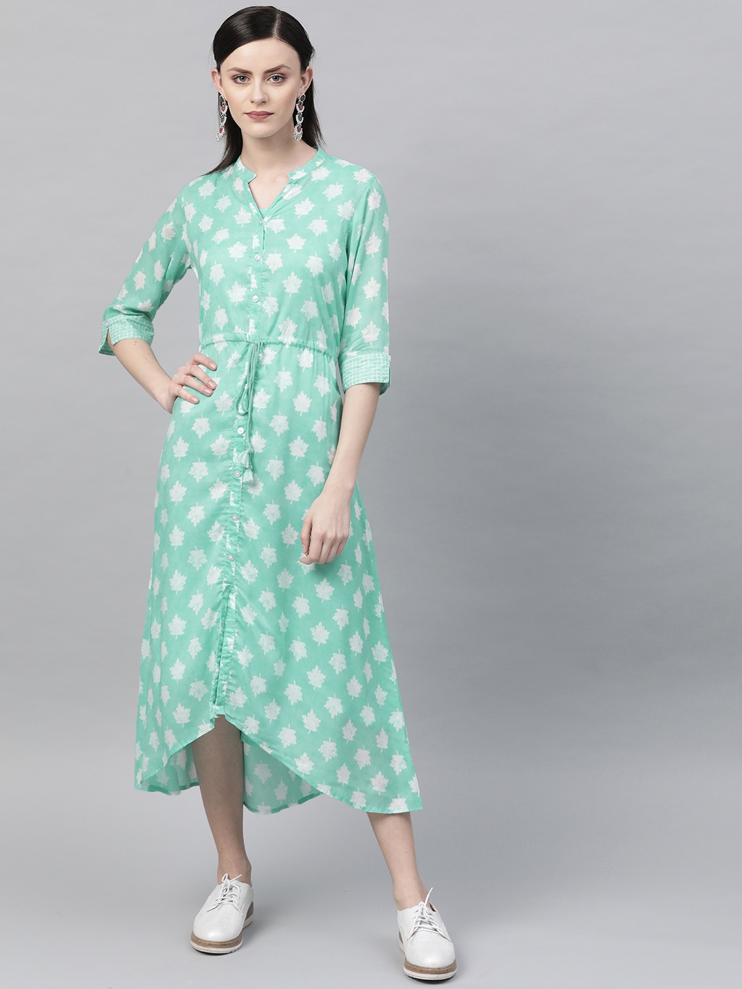 

Rangriti Women Sea Green & White Printed A-Line Dress