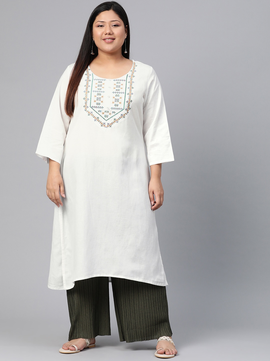 

Rangriti Women White Yoke Design Straight Kurta