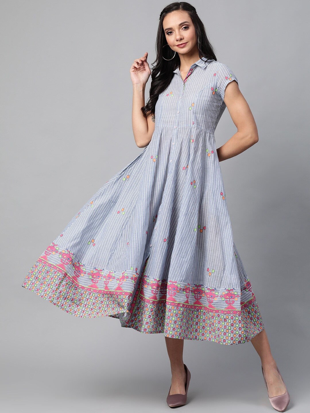 

Rangriti Women Blue & White Striped Midi Fit & Flare Dress