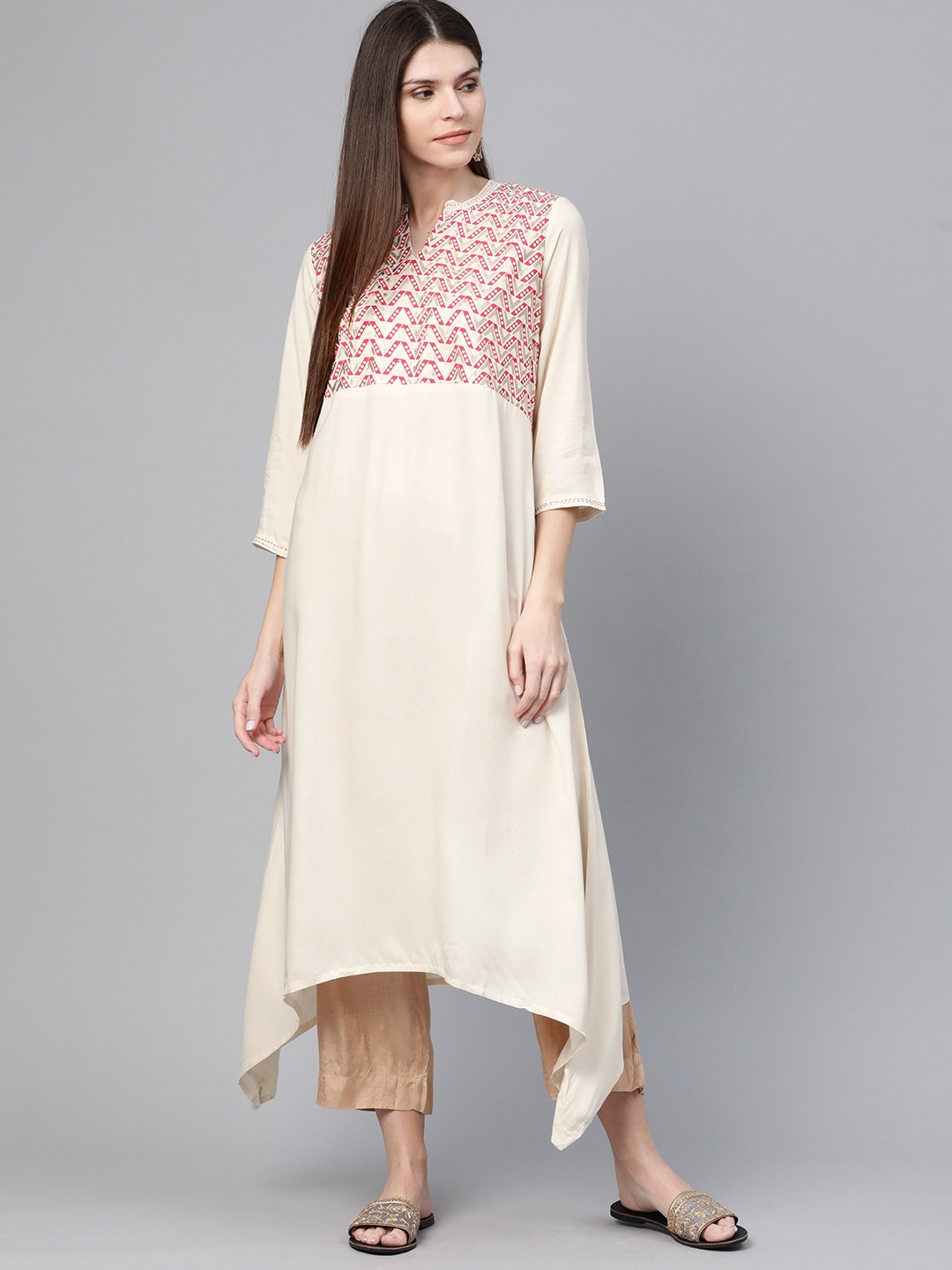 

Rangriti Women Cream-Coloured & Red Yoke Design A-Line Asymmetric Kurta