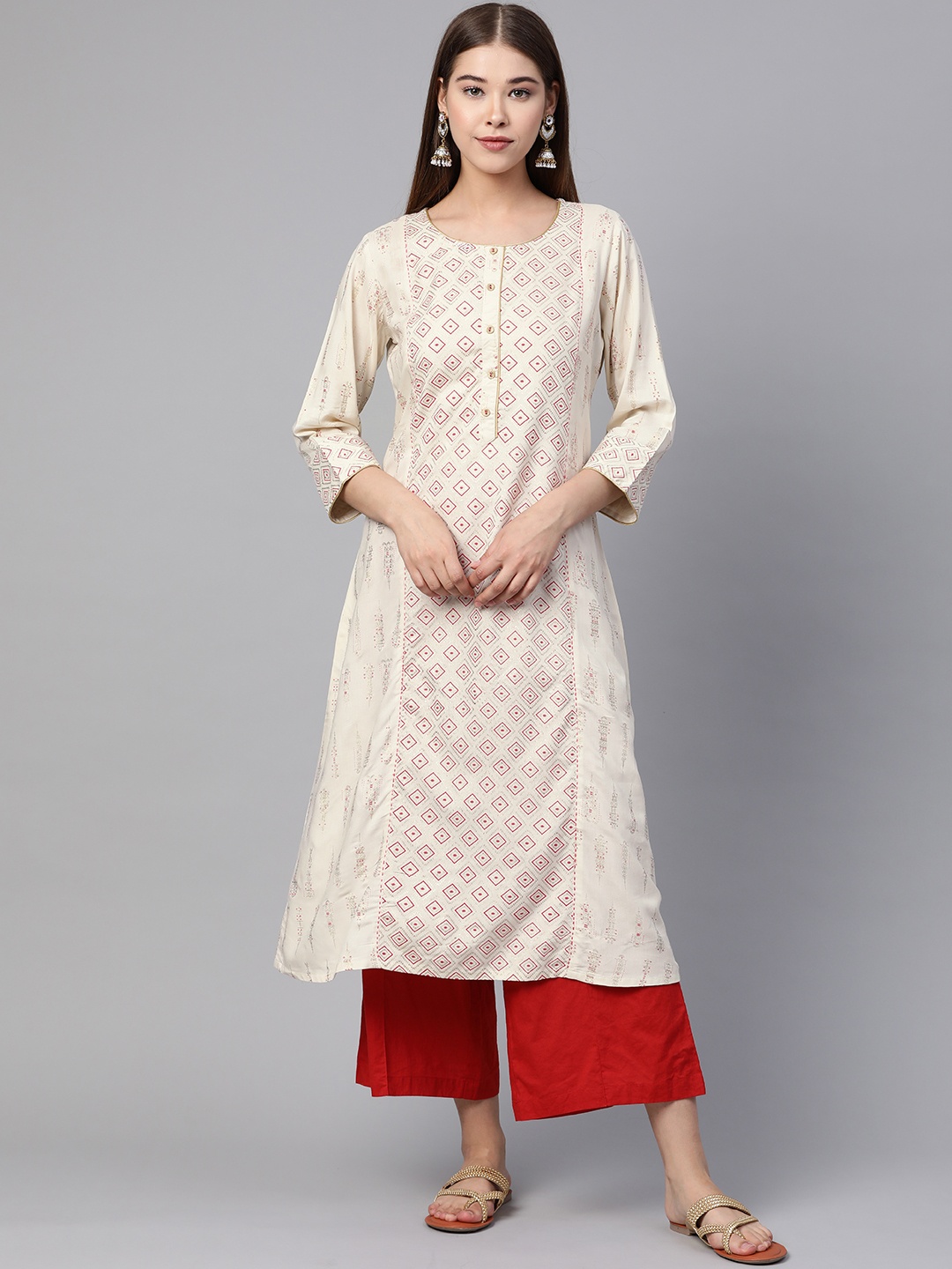 

Rangriti Women Off-White & Golden Printed A-Line Kurta