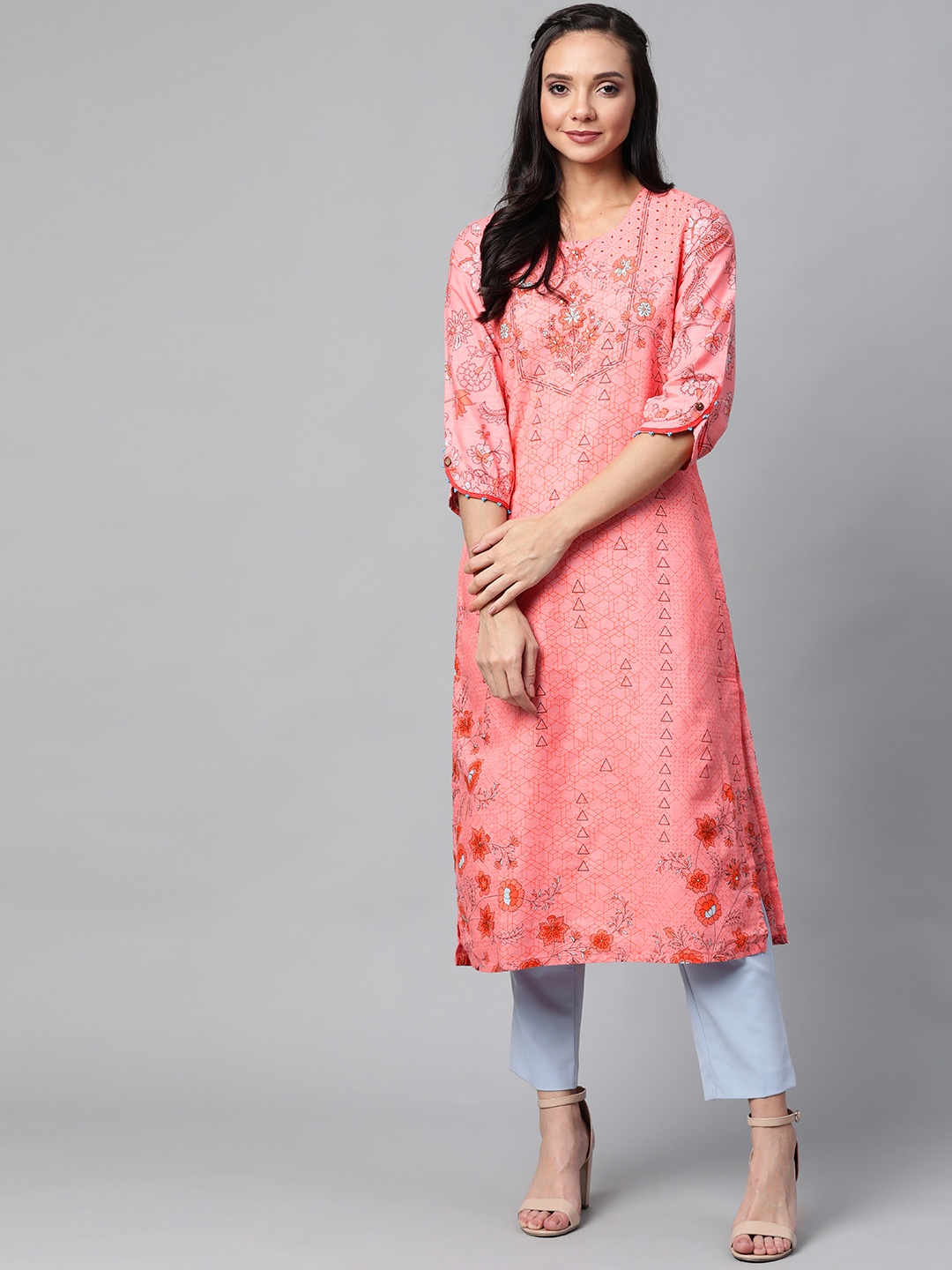 

Rangriti Women Pink & Brown Printed Straight Kurta with Embellished Detail