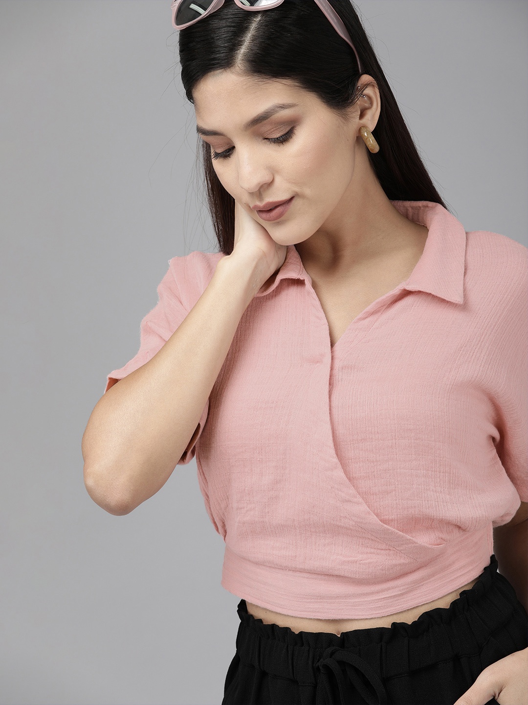 

ONLY Women Pink Self Design Cropped Wrap Pure Cotton Top