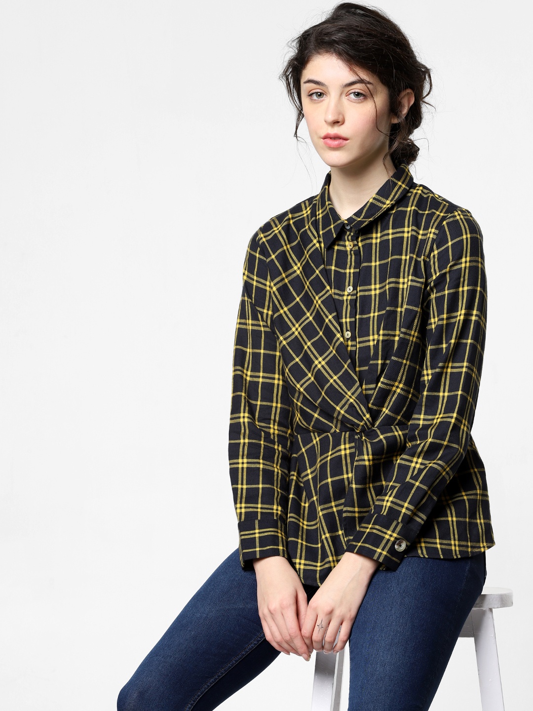 

ONLY Women Black & Mustard Yellow Regular Fit Checked Twist Casual Shirt