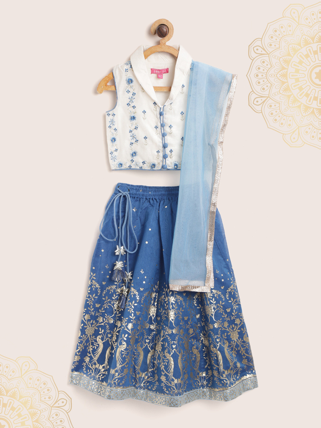 

Biba Girls Blue & White Ethnic Foil Print Ready to Wear Lehenga & Blouse with Dupatta