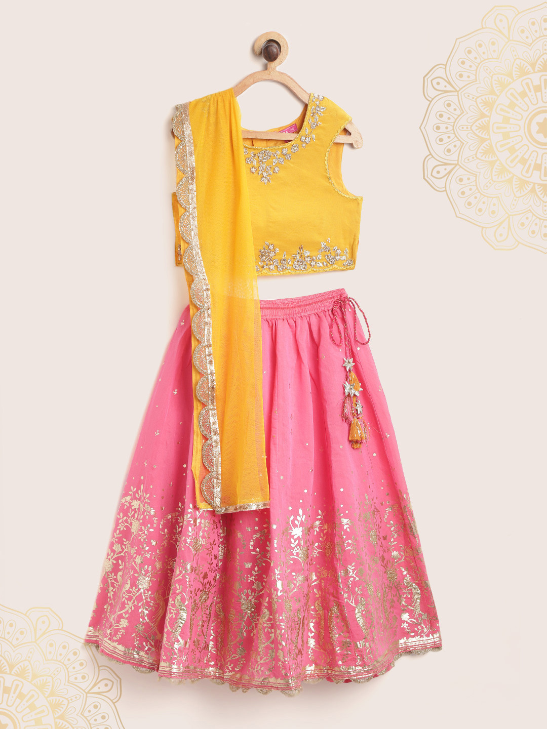 

Biba Girls Pink & Yellow Printed Ready to Wear Lehenga & Embellished Blouse & Dupatta