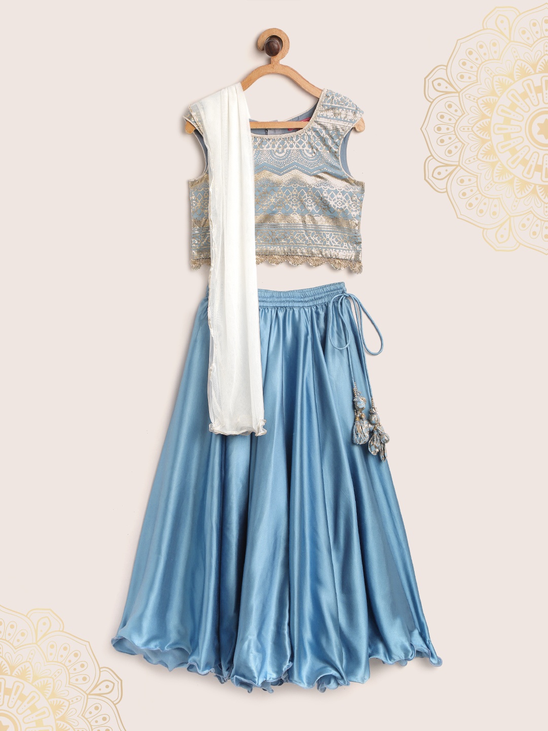 

Biba Girls Blue & Golden Printed Ready to Wear Stain Finish Lehenga & Blouse With Dupatta