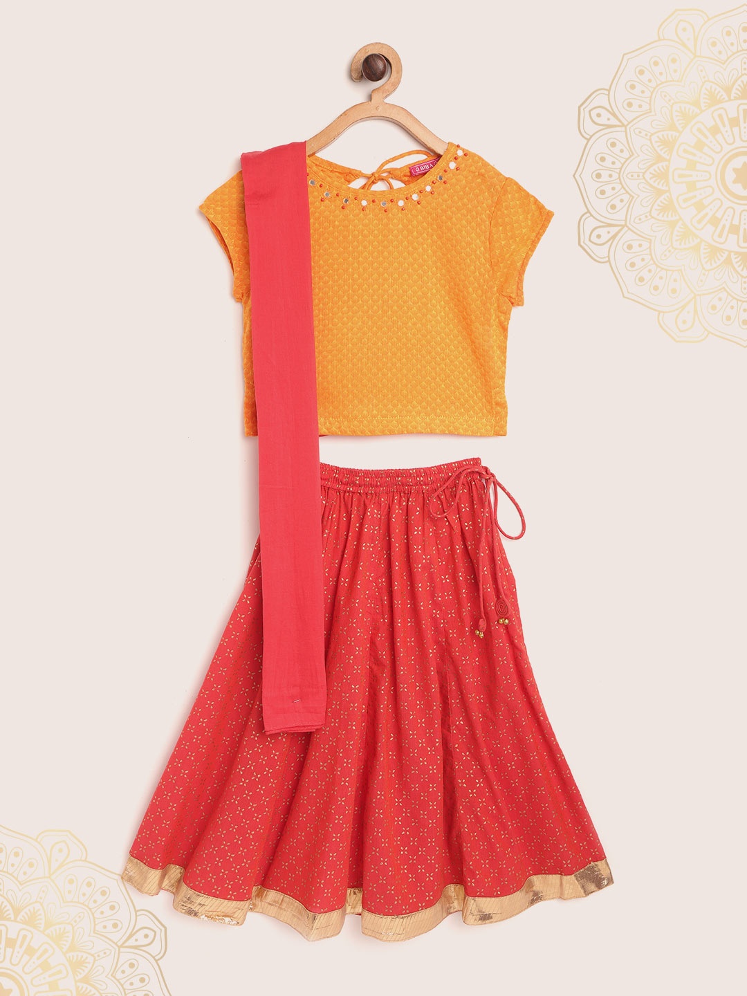 

Biba Girls Mustard Yellow & Red Printed Ready to Wear Lehenga & Blouse with Dupatta