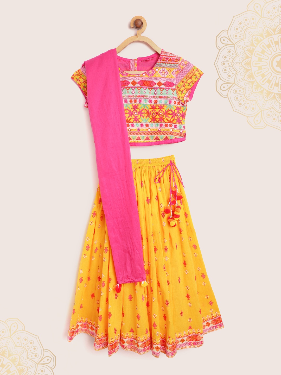 

Biba Girls Yellow & Pink Cotton Printed Ready to Wear Lehenga & Blouse with Dupatta