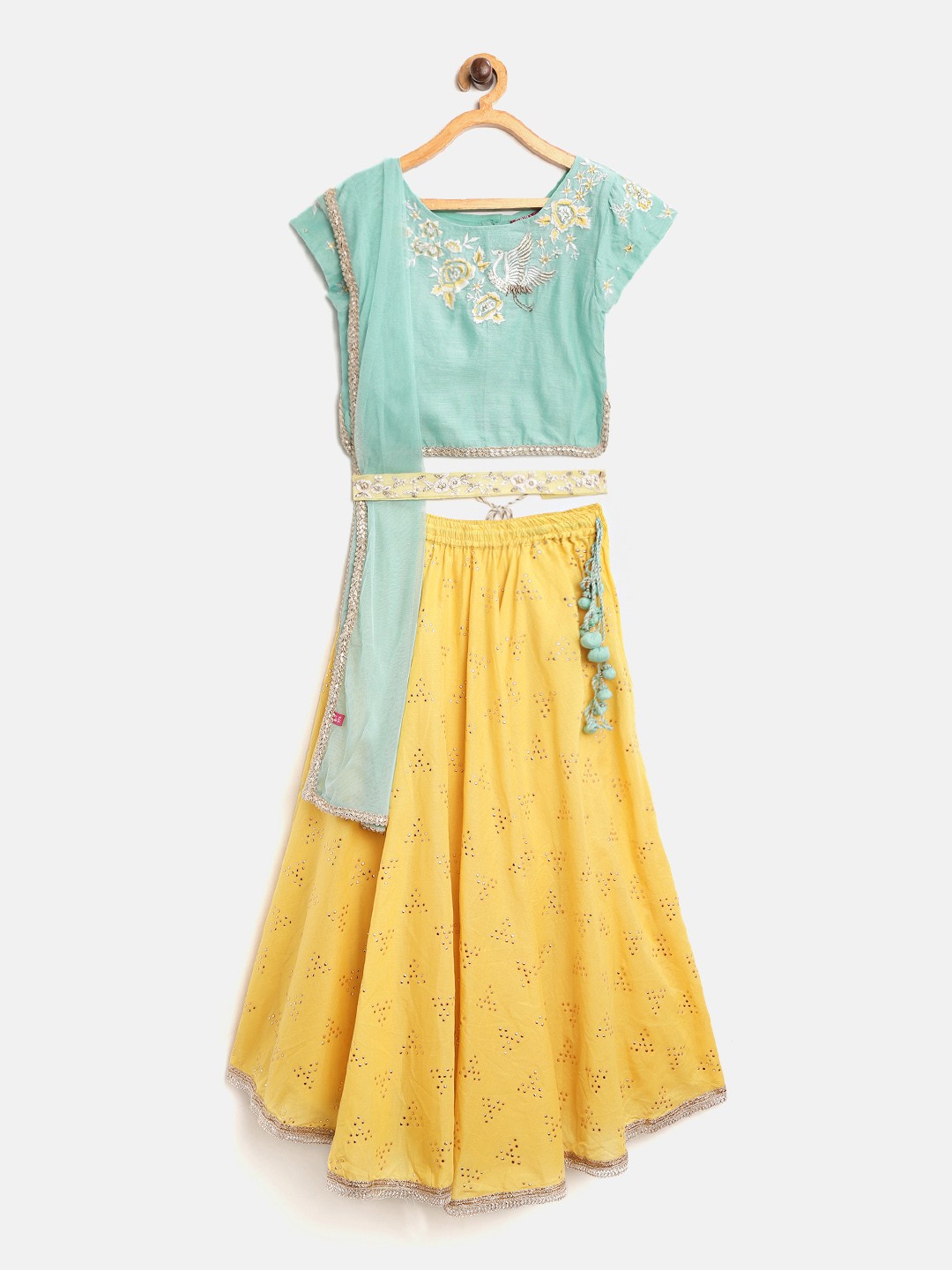 

Biba Girls Yellow & Sea Green Embroidered Ready to Wear Lehenga & Blouse with Dupatta