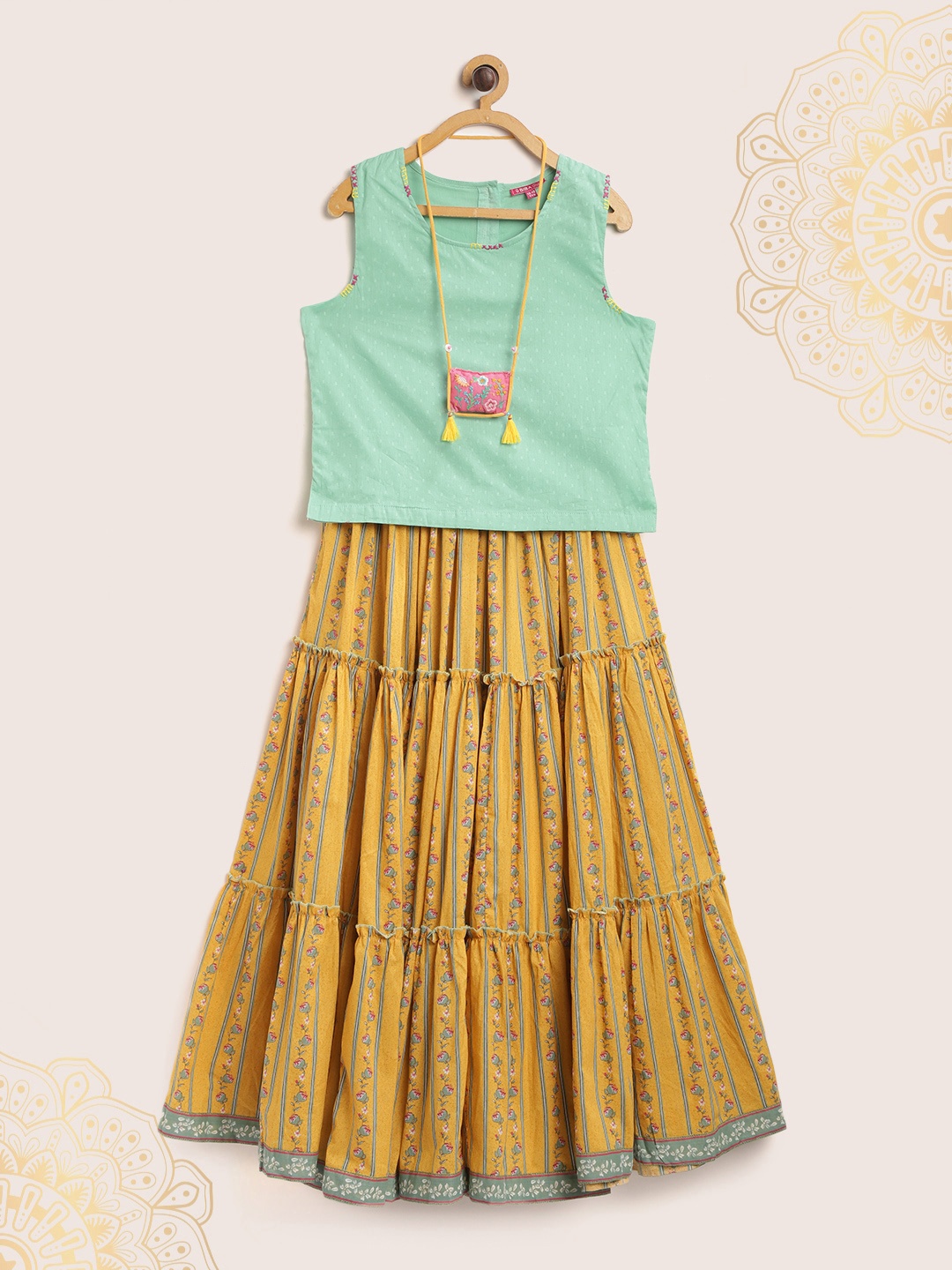 

Biba Girls Mustard Yellow & Sea Green Cotton Printed Ready to Wear Lehenga & Choli