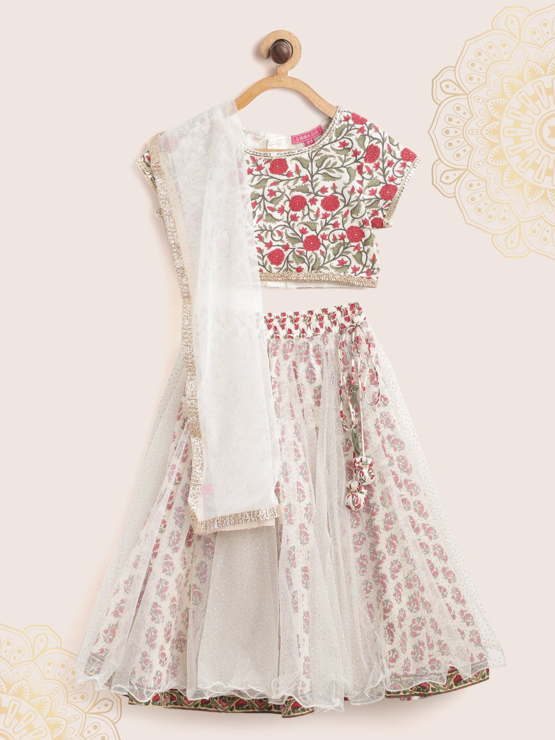 

Biba Girls White & Red Floral Print Ready to Wear Lehenga & Crop Blouse with Dupatta