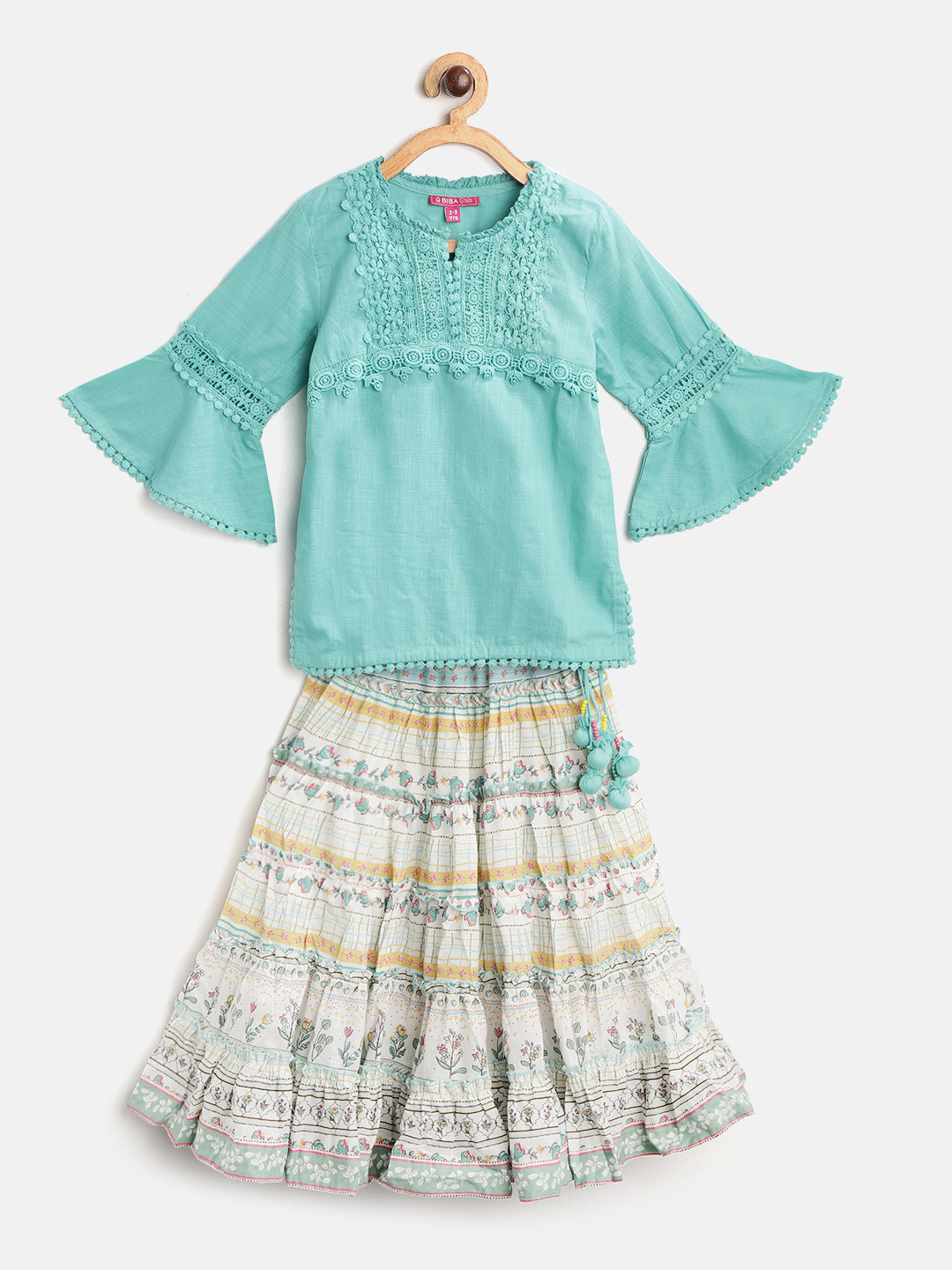 

Biba Girls Blue & White Solid Top with Printed Skirt