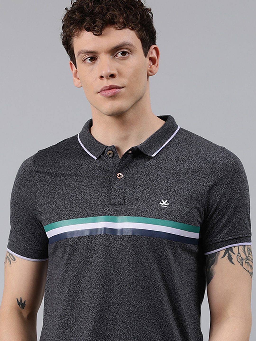 

WROGN Men Black Striped Polo Collar Grindle Effect T-shirt