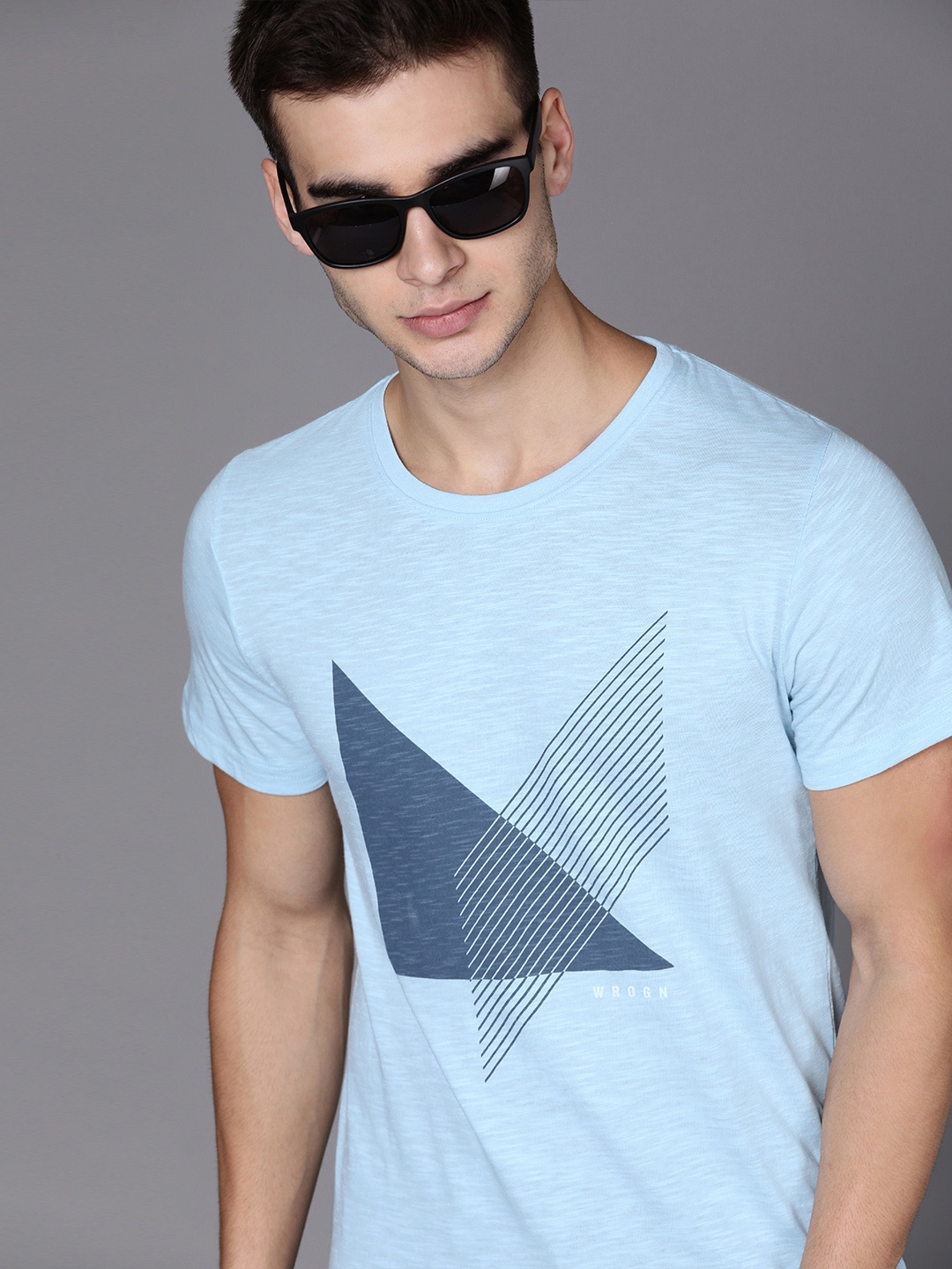 

WROGN Men Blue Printed Round Neck T-shirt