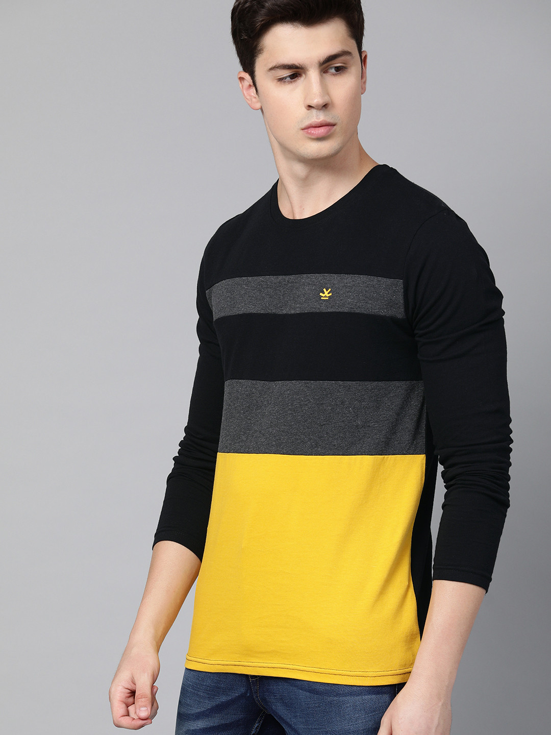 

WROGN Men Black Mustard Yellow Colourblocked Slim Fit Round Neck Pure Cotton T-shirt
