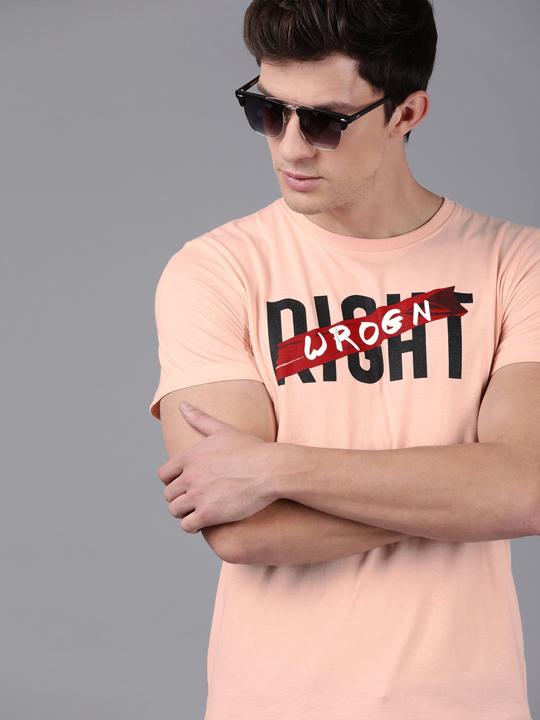 

WROGN Men Pink Printed Round Neck T-shirt