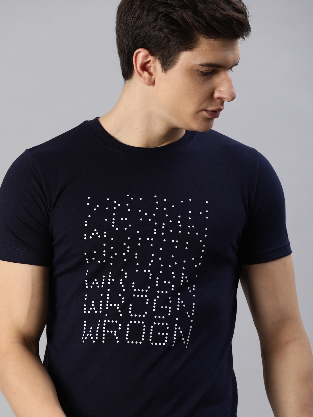 

WROGN Men Navy Blue and White Typography Printed Round Neck T-shirt