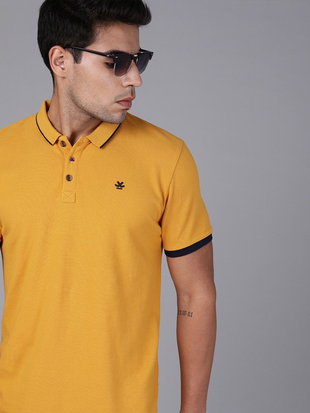

WROGN Men Mustard Yellow Solid Slim Fit Polo Collar Pure Cotton T-shirt