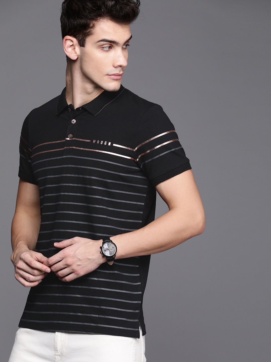 

WROGN Men Black & Grey Striped Polo Collar T-shirt