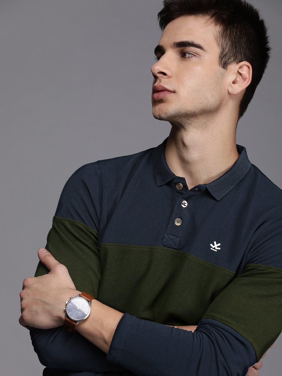 

WROGN Men Navy Blue Green Colourblocked Slim Fit Polo Collar Pure Cotton T-shirt