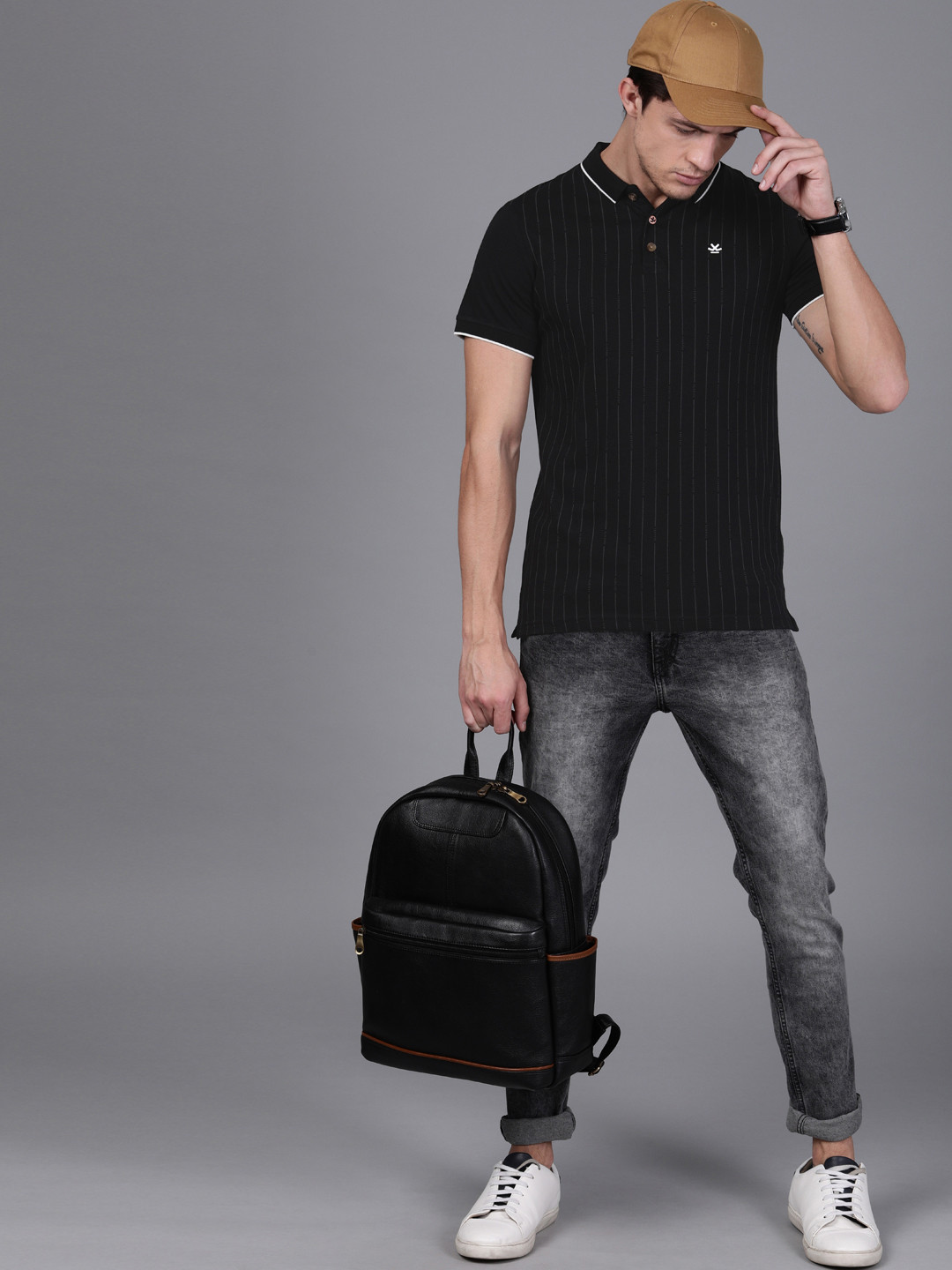 

WROGN Men Black Slim Fit Striped Polo Collar Pure Cotton T-shirt