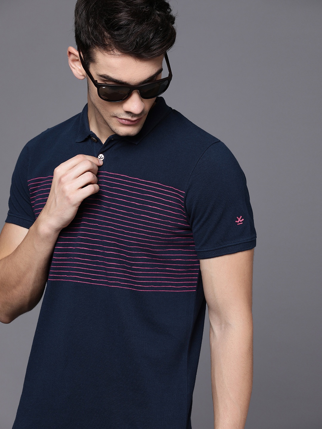 

WROGN Men Navy Blue Slim Fit Striped Polo Collar Pure Cotton T-shirt