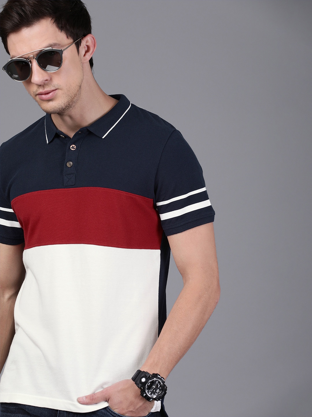 

WROGN Men Navy Blue Red Slim Fit Colourblocked Polo Collar Pure Cotton T-shirt