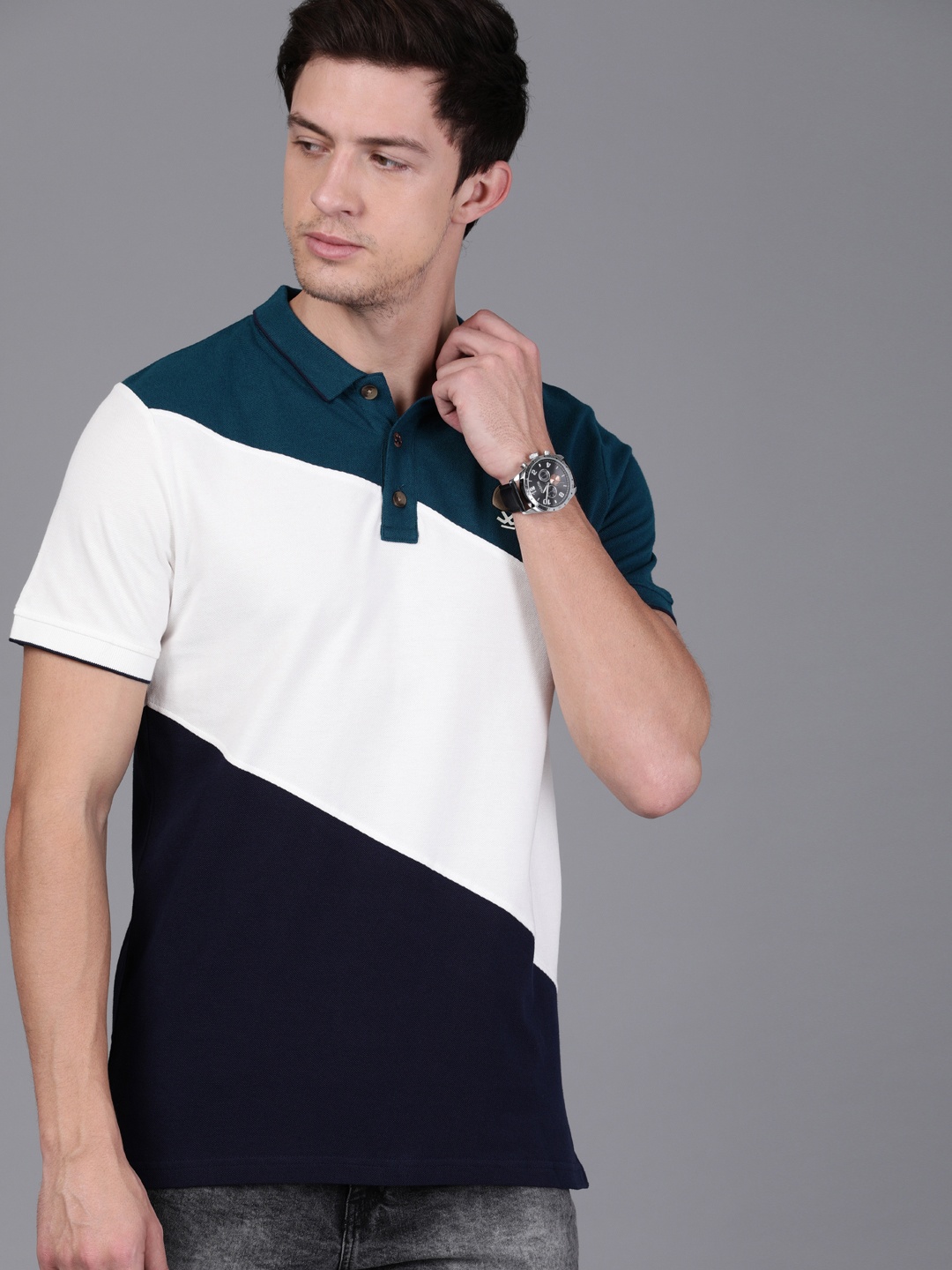 

WROGN Men Teal Blue White Slim Fit Colourblocked Polo Collar Pure Cotton T-shirt