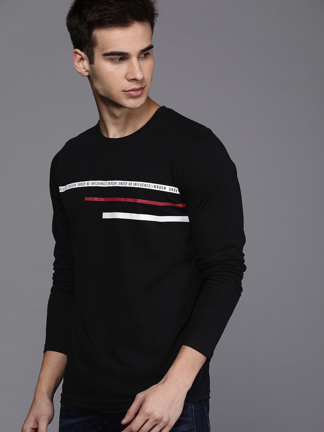 

WROGN Men Black Printed Slim Fit Round Neck Pure Cotton T-shirt