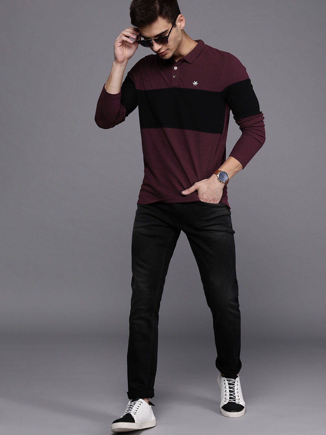 

WROGN Men Maroon Black Colourblocked Slim Fit Polo Collar Pure Cotton T-shirt