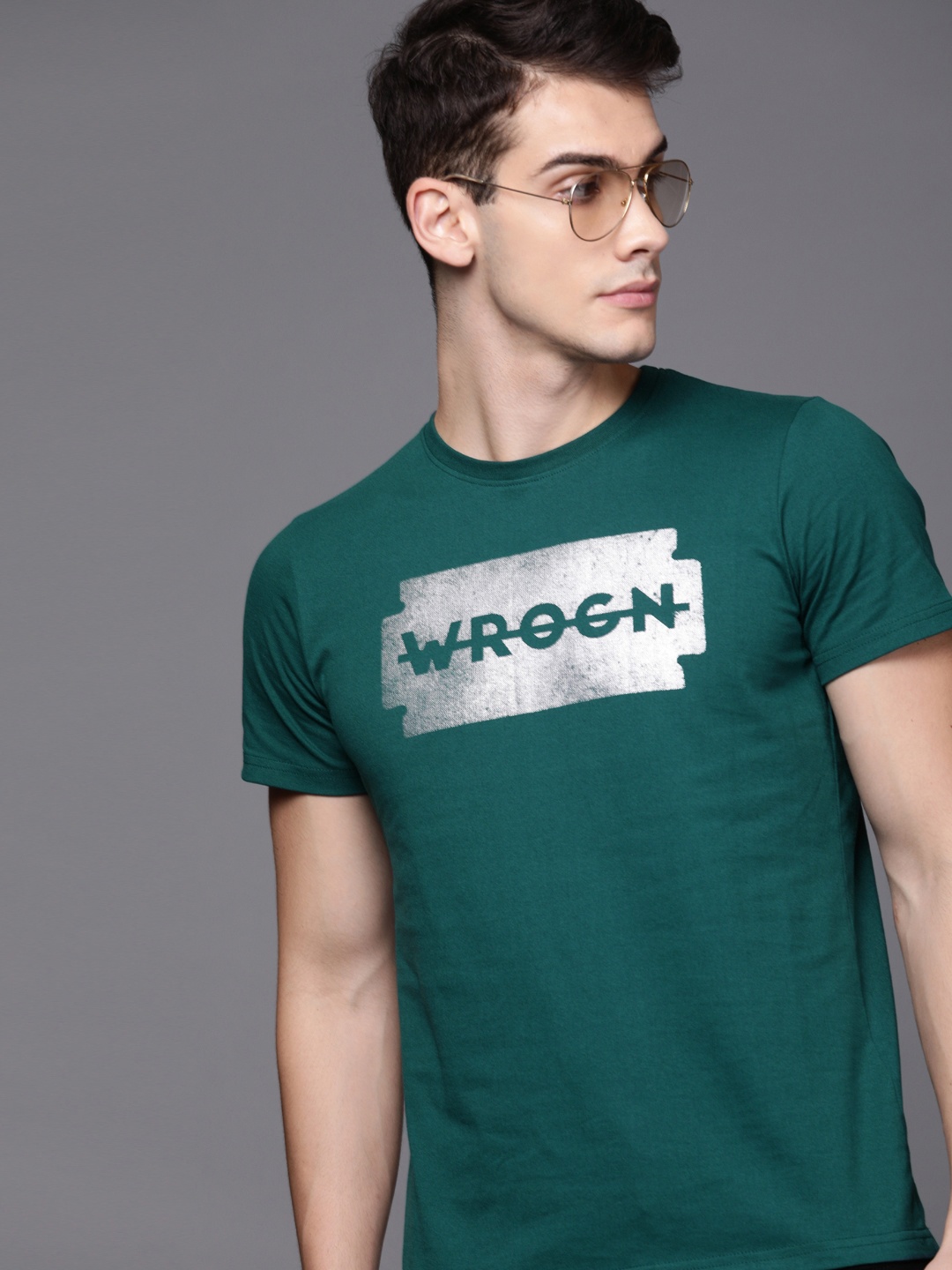 

WROGN Men Teal Green Printed Round Neck T-shirt