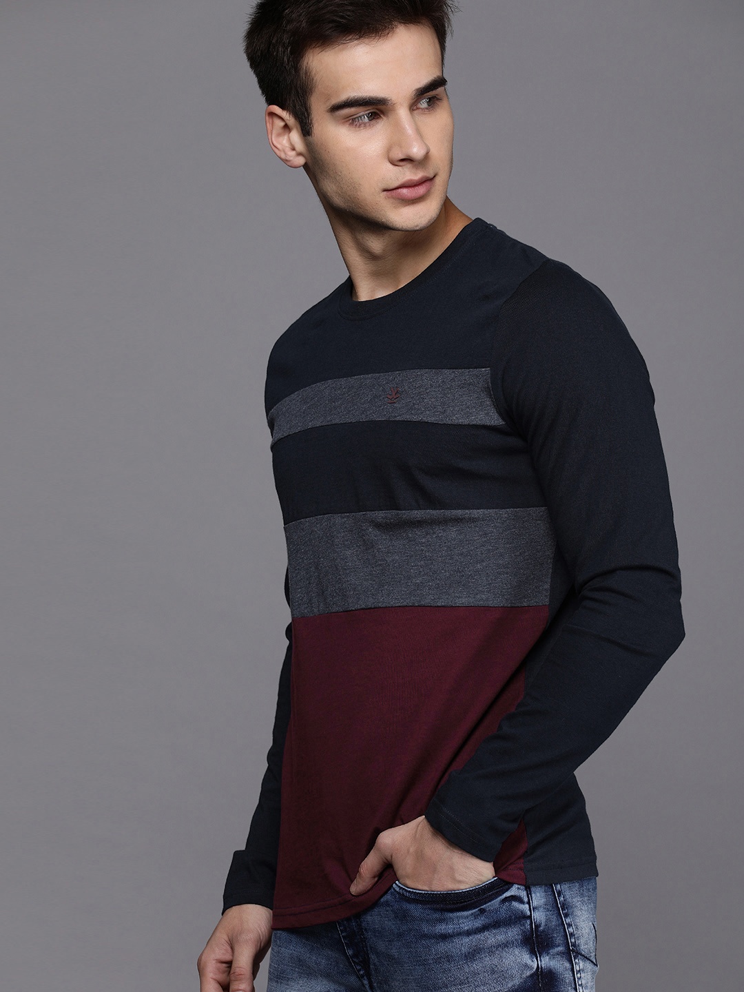 

WROGN Men Navy Blue Maroon Striped Slim Fit Round Neck Pure Cotton T-shirt