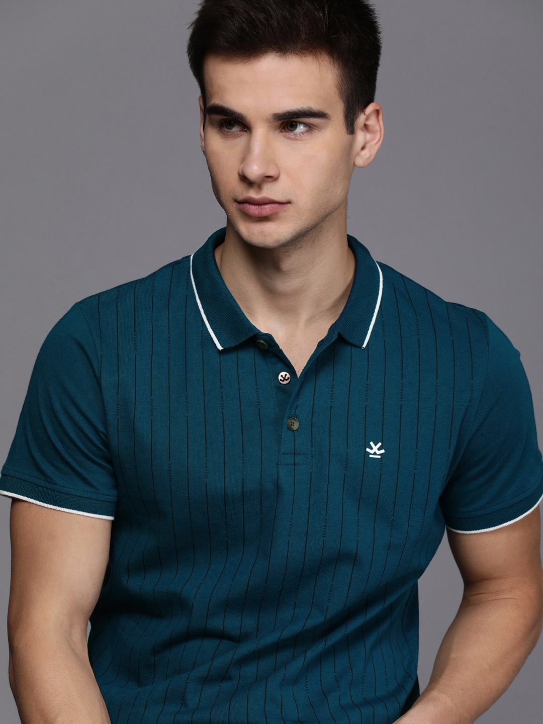 

WROGN Men Teal Blue Striped Slim Fit Polo Collar Pure Cotton T-shirt