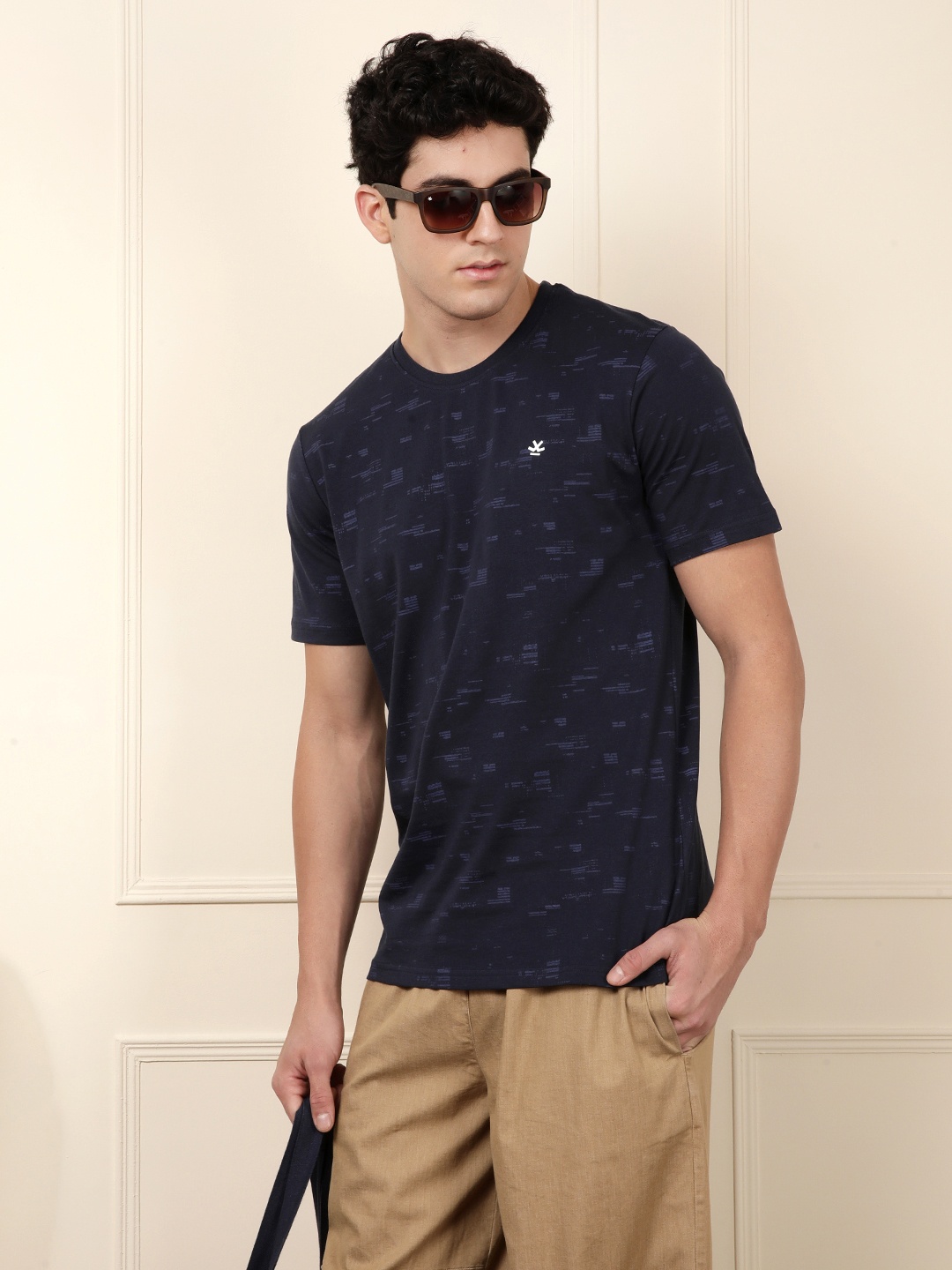 

WROGN Men Navy Blue Printed Round Neck Pure Cotton T-shirt